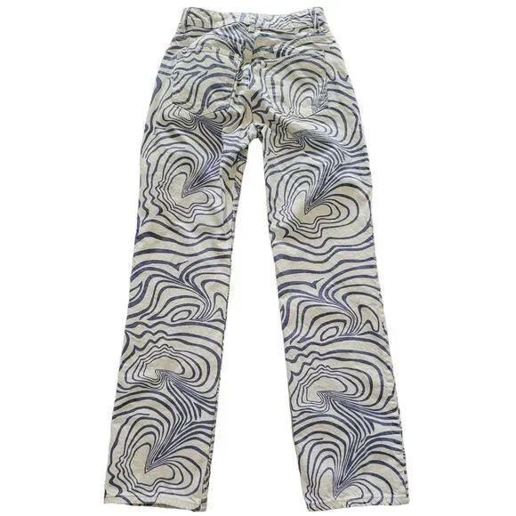 Zara -027 Blue Cream Wavy Squiggle Printed High Rise Straight Fit Jeans - Size 4 - Picture 2 of 5